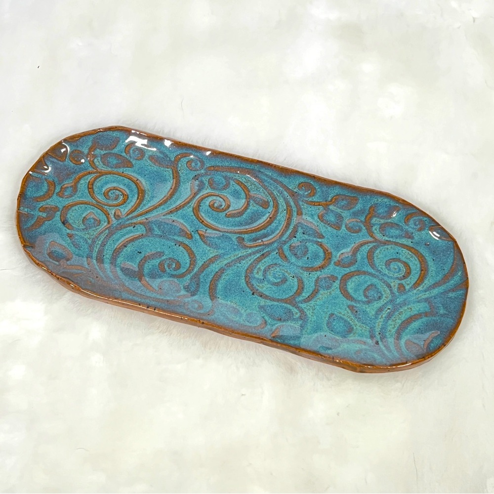 Handmade Blue Leaf Swirl Ceramic Trinket Tray Local Pottery North Carolina Art